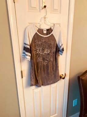 Harley-Davidson Gray, White and Blue Crewneck Tee with Logo Tag